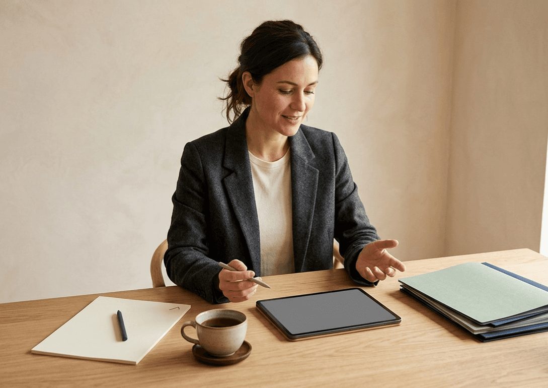 A calm advisor guiding an estate settlement onboarding on a tablet