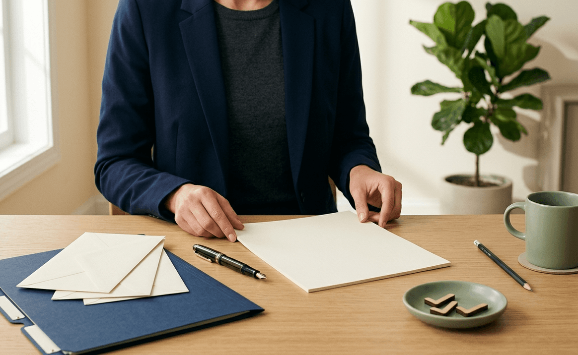 A premium document preparation workspace with letters, estate files, and a laptop
